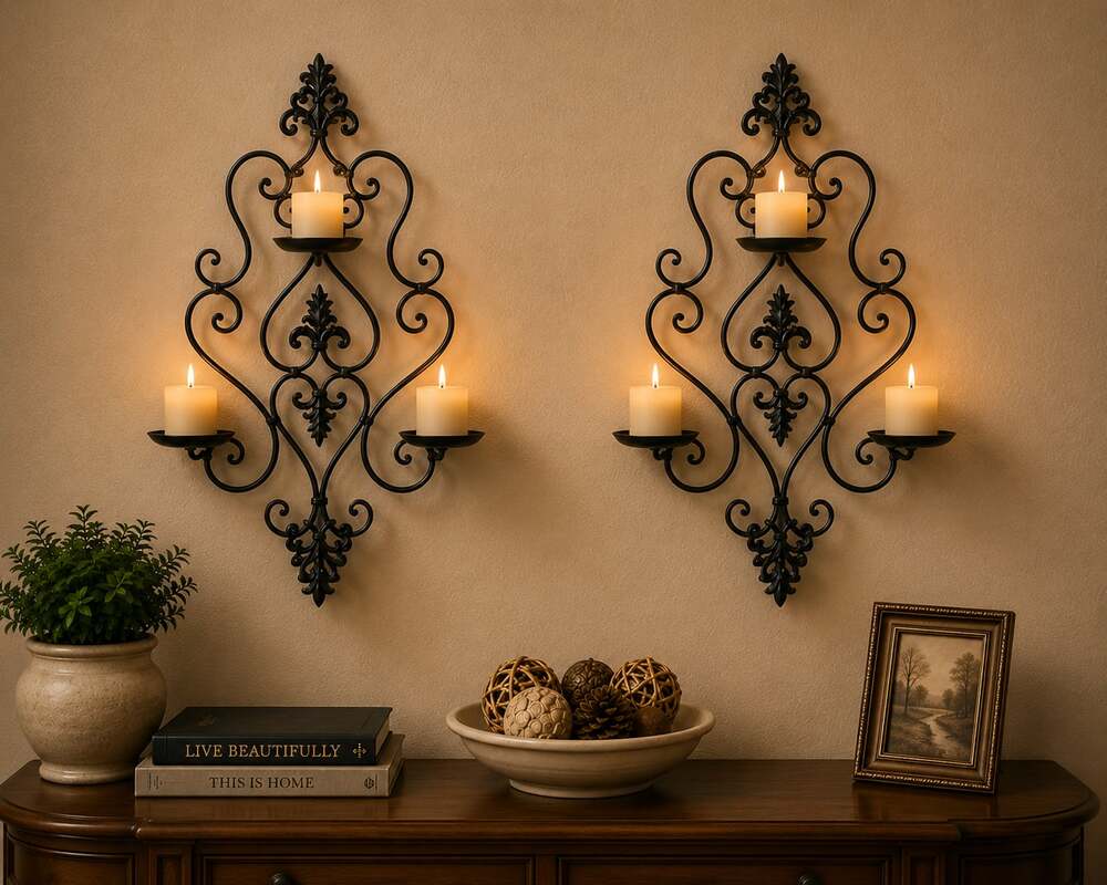 Set of 2 Decorative Black Iron Scrollwork Wall-Mount Candle Sconces